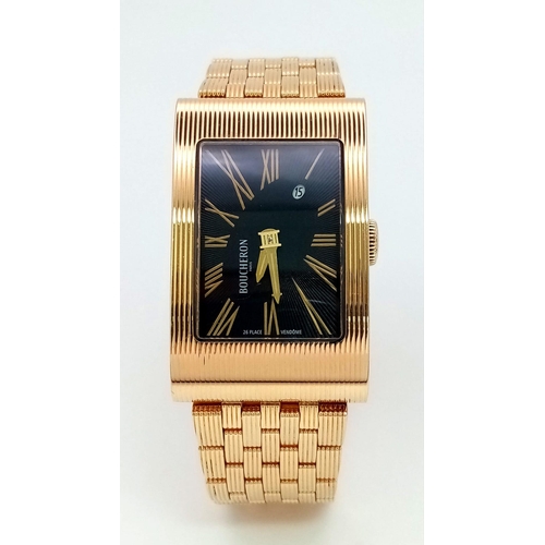 597 - A Boucheron Reflet 18K Yellow Gold Quartz Ladies Watch. Solid 18k yellow gold strap and rectangular ... 