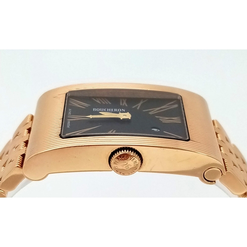 597 - A Boucheron Reflet 18K Yellow Gold Quartz Ladies Watch. Solid 18k yellow gold strap and rectangular ... 