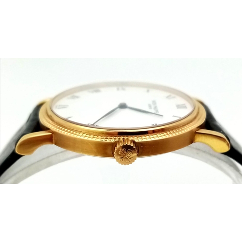 653 - An Understated 18K Gold Patek Phillipe Calatrava Gents Watch. Black crocodile strap with gold clasp.... 