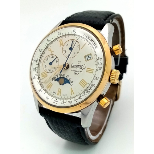 660 - A Limited Edition Vintage Eberhard Chronograph Moon-phase Gents Watch. Black leather strap. Two-tone... 