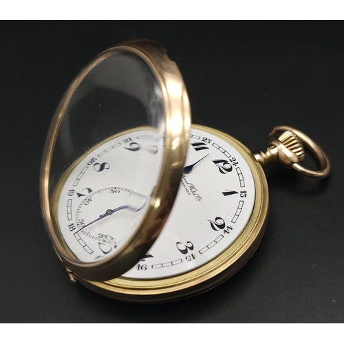 13 - Charming International Watch Company IWC 14K rose gold Half Hunter pocket watch. White dial, engrave... 