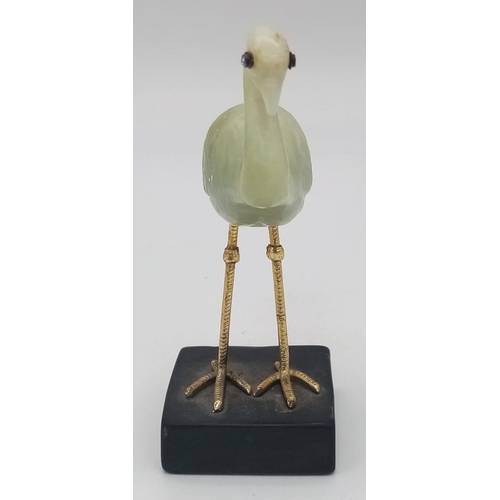 288 - A Vintage Chinese Jade Stork Figure on a Stone Plinth. White stone eyes. 12cm tall.