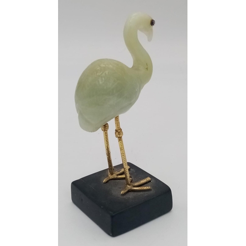 288 - A Vintage Chinese Jade Stork Figure on a Stone Plinth. White stone eyes. 12cm tall.