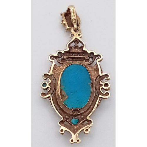 532 - A HIGHLY ORNATE 9K YELLOW GOLD TURQUOISE & SEED PEARL SET VINTAGE PENDANT, WEIGHT 3.4G AND 4CM LONG ... 