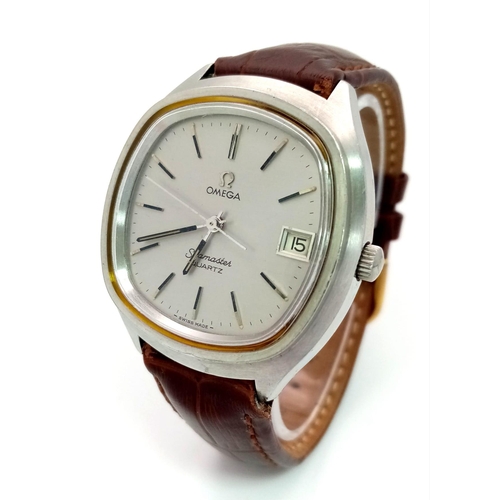 295 - A Vintage Omega Seamaster Quartz Gents Watch. Brown leather strap. Stainless steel case - 38mm. Silv... 