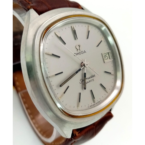 295 - A Vintage Omega Seamaster Quartz Gents Watch. Brown leather strap. Stainless steel case - 38mm. Silv... 