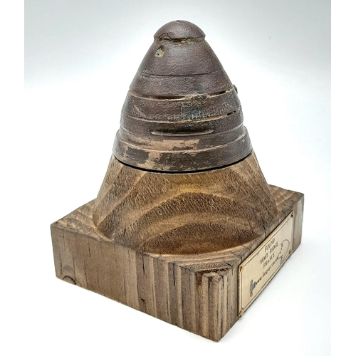 750 - INERT WW1 British 18 Pdr Shrapnel Shell Fuze on wooden plinth. Found Vimy, France. UK Mainland Sales... 