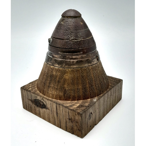 750 - INERT WW1 British 18 Pdr Shrapnel Shell Fuze on wooden plinth. Found Vimy, France. UK Mainland Sales... 