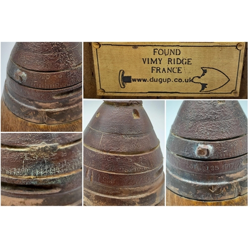 750 - INERT WW1 British 18 Pdr Shrapnel Shell Fuze on wooden plinth. Found Vimy, France. UK Mainland Sales... 