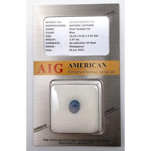 1141 - A 3.47ct Untreated Blue Madagascar Sapphire - Sealed Container - AIG Certified