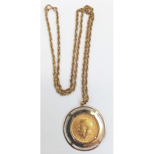 2 - A 22K GOLD GEORGE V SOVEREIGN DATED 1912 SET IN A 9K GOLD CIRCULAR DISC WITH GEOMETRIC DESIGN AND ON... 