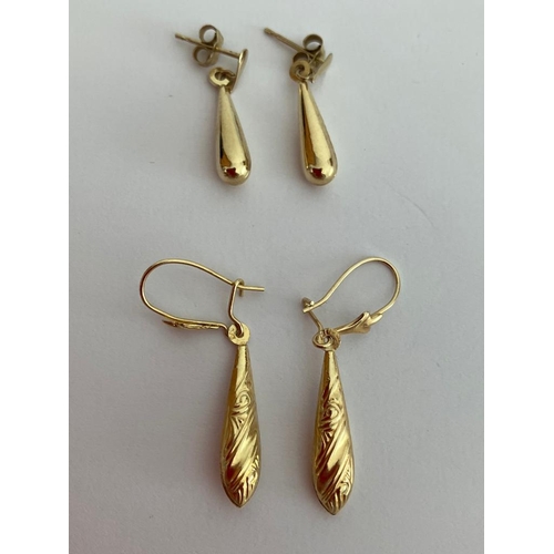 21 - 2 x pairs 9 carat GOLD EARRINGS. Drop style Pampel shape, to include one pair having chased design, ... 