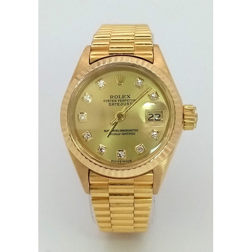 192 - AN 18K GOLD ROLEX OYSTER PERPETUAL DATEJUST WIYH DIAMOND NUMERALS AND SOLID 18K GOLD STRAP , GOLDTON... 