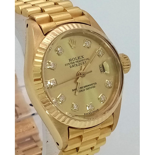 192 - AN 18K GOLD ROLEX OYSTER PERPETUAL DATEJUST WIYH DIAMOND NUMERALS AND SOLID 18K GOLD STRAP , GOLDTON... 