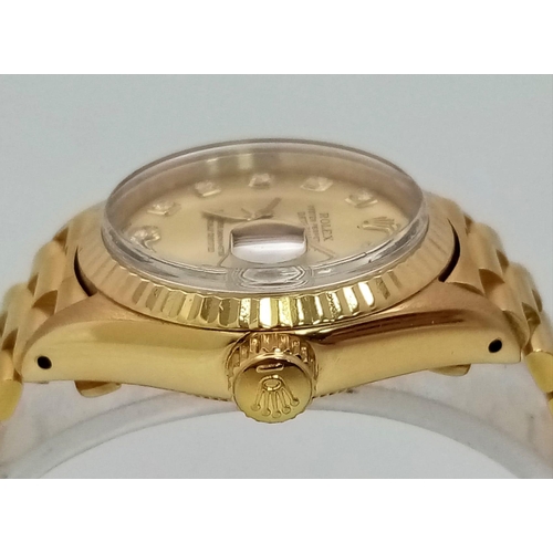 192 - AN 18K GOLD ROLEX OYSTER PERPETUAL DATEJUST WIYH DIAMOND NUMERALS AND SOLID 18K GOLD STRAP , GOLDTON... 