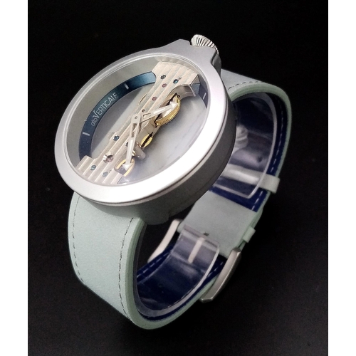 1054 - A Verticale Mechanical Gents Watch. Pastel Blue leather strap, Gilded open case -42mm. Top winder. A... 