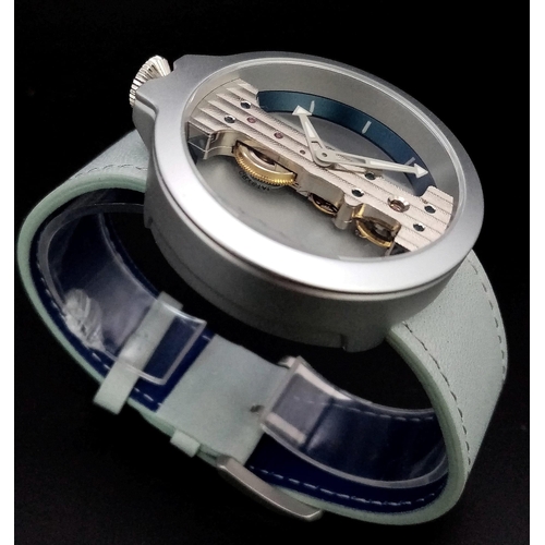 1054 - A Verticale Mechanical Gents Watch. Pastel Blue leather strap, Gilded open case -42mm. Top winder. A... 