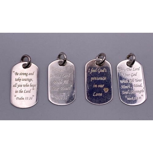 1147 - Four Sterling silver pendants with various religious quotes. Wt 5.1g.