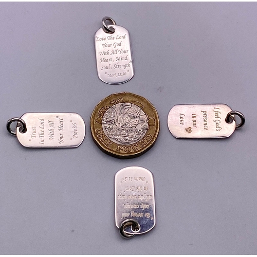 1147 - Four Sterling silver pendants with various religious quotes. Wt 5.1g.