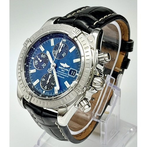 32 - A Breitling Chronograph Automatic Gents Watch. Black leather strap. Stainless steel case - 44mm. Blu... 