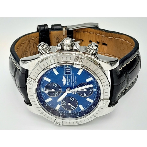 32 - A Breitling Chronograph Automatic Gents Watch. Black leather strap. Stainless steel case - 44mm. Blu... 