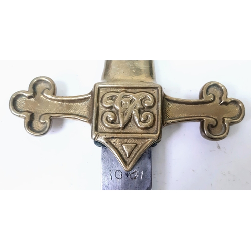 608 - Victorian British Military Band Sword. Marked with the V.R Sypher. Comes in a brass mounted leather ... 