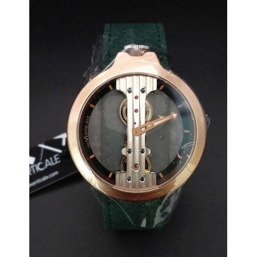 787 - A Verticale Mechanical Gents Watch. Green leather strap, Gilded open case -42mm. Top winder. As new,... 