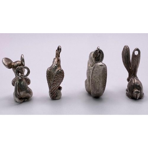 803 - Four various Sterling Silver animal themed charm/pendants. Including rabbit, mouse/rat, squirrel and... 