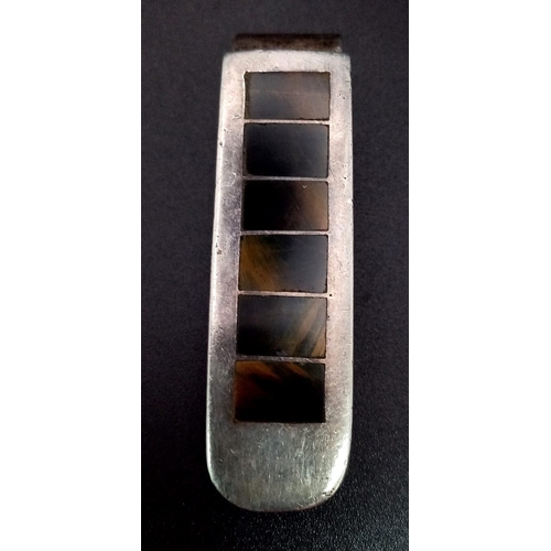 860 - Sterling silver stone inset money clip. Mexican made. Wt 24.7g.