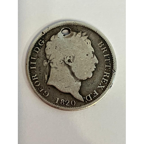 931 - SILVER GEORGE III SHILLING 1820.  Condition, fair/fine. Small hole where previously used as a fob.