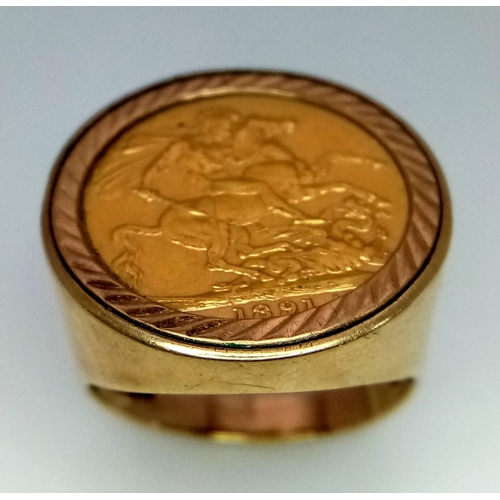 24 - A 22K GOLD VICTORIAN SOVEREIGN DATED 1891 SET IN A 9K GOLD RING .   15.4gms   size T