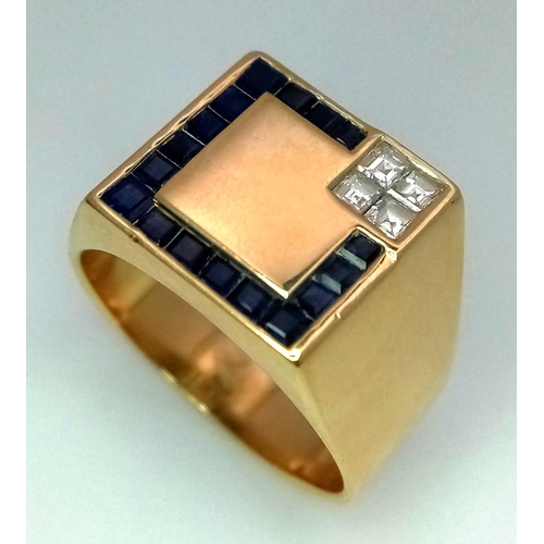 74 - A gents, 18 K yellow gold cygnet ring with square cut blue sapphires and diamonds, size: W, weight: ... 