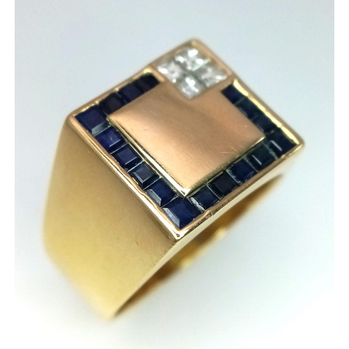 74 - A gents, 18 K yellow gold cygnet ring with square cut blue sapphires and diamonds, size: W, weight: ... 