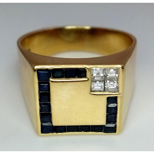 74 - A gents, 18 K yellow gold cygnet ring with square cut blue sapphires and diamonds, size: W, weight: ... 