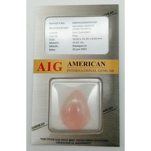 1053 - A 42.61ct AIG Certified Rose Quartz Gemstone - Sealed Container