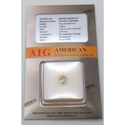 1060 - A 2.34ct Untreated Yellow Madagascar Sapphire - Sealed Container - AIG Certified.