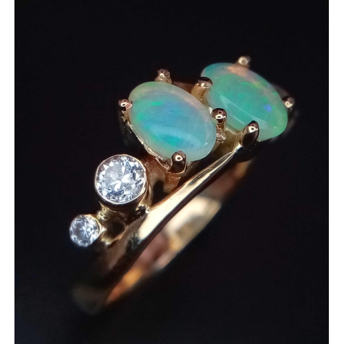 104 - A STYLISH 18K YELLOW GOLD OPAL SET CROSSOVER RING, SET WITH 2 OPALS CENTRE AND FLANKED BY 2 CZ STONE... 