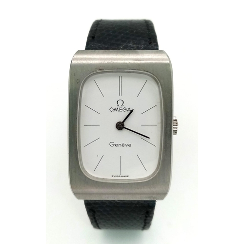 237 - A Classic Vintage Omega Geneve Quartz Watch. Black leather strap. Stainless steel rectangular case -... 