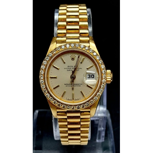 25 - An 18K Gold and Diamond Rolex Oyster Perpetual Datejust Ladies Watch. 18k gold bracelet and case - 2... 