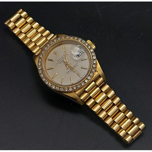 25 - An 18K Gold and Diamond Rolex Oyster Perpetual Datejust Ladies Watch. 18k gold bracelet and case - 2... 