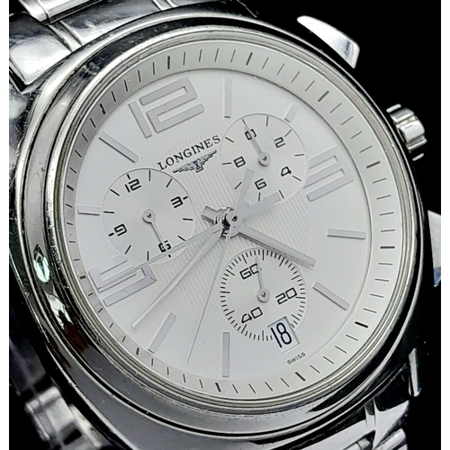 387 - A Longines Lungomare Chronograph Quartz Gents Watch. Stainless steel strap and case - 42cm. White di... 