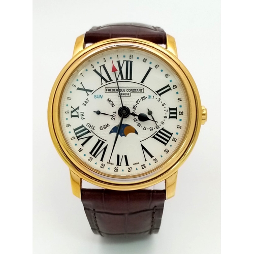 482 - A Frederique Constant Moonphase Quartz Gents Watch. Brown leather strap. Gold plated case - 40mm. Wh... 