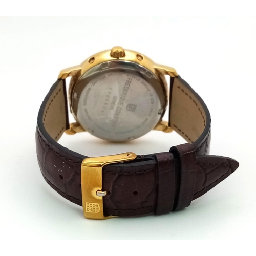 482 - A Frederique Constant Moonphase Quartz Gents Watch. Brown leather strap. Gold plated case - 40mm. Wh... 