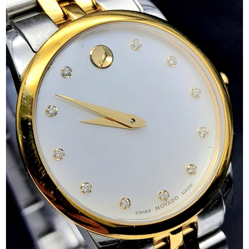 516 - A Movado Two Tone Quartz Ladies Watch. Two tone bracelet and case - 28mm. Mother of pearl dial. In w... 