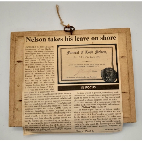 626 - A Rare Waxed Sealed Framed and Glazed Ticket to the Funeral of Lord Nelson in St. Paul’s Jan. 9 1806... 