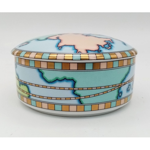 696 - A Superb Tiffany & Co. Porcelain ‘Countries of World’ Trinket Pot. 9.8cm Diameter.