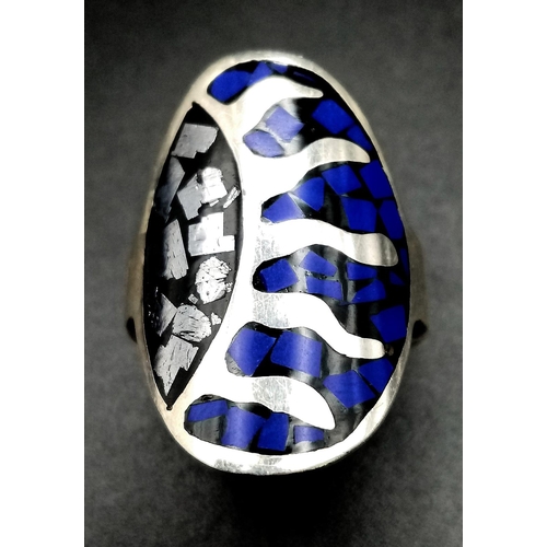 844 - A Very Scarce Vintage Mexican ‘Carlos’ Sterling Silver Aztec Design Enamel Ring Size P. The Crown Me... 