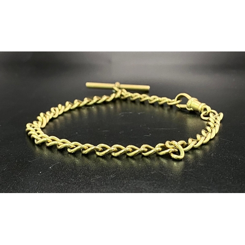 86 - A VINTAGE 9K GOLD WATCH CHAIN BRACELET WITH T-BAR AND CLIP EACH LINK BEING INDIVIDUALLY HALLMARKED .... 