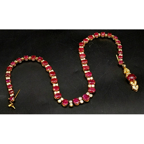 53 - A vintage, 9 K yellow gold necklace loaded with oval cut natural rubies and round cut diamonds. Leng... 