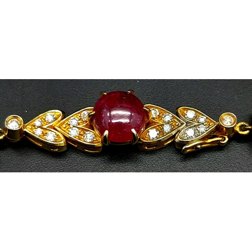 53 - A vintage, 9 K yellow gold necklace loaded with oval cut natural rubies and round cut diamonds. Leng... 